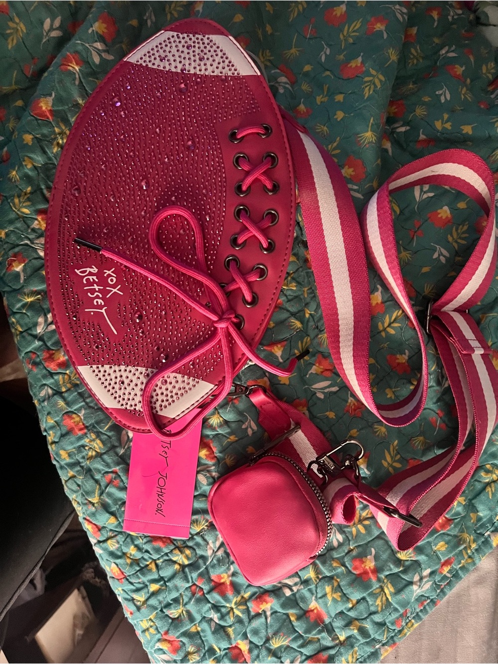 Betsey Johnson Pink Crystal Lace-Up Crossbody Bag with Coin Pouch